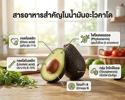 สารสำคัญในน้ำมันอะโวคาโดสกัดเย็น Oleic acid วิตามินอี ไฟโตสเตอรอล