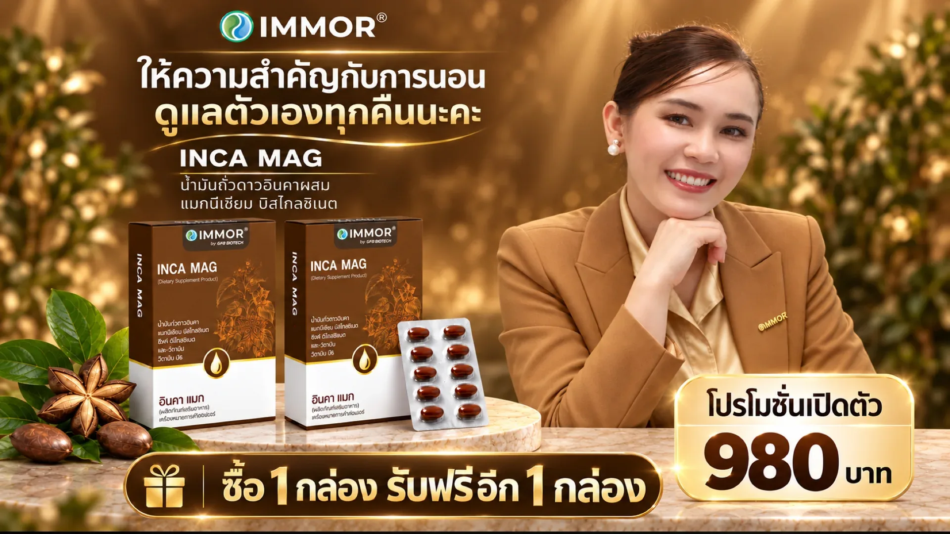 IMMOR® INCA MAG น้ำมันถั่วดาวอินคาผสมแมกนีเซียม บิสไกลซิเนต โปรโมชั่นเปิดตัว 980 บาท ซื้อ 1 กล่อง รับฟรีอีก 1 กล่อง